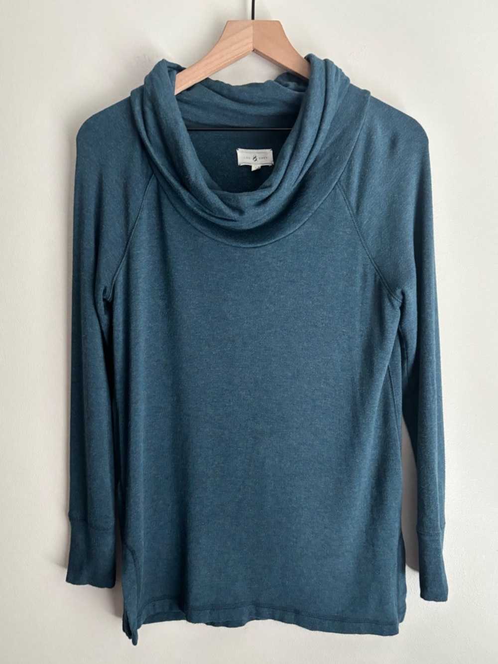 Lou & Grey Soft Cowl Neck Tunic Top Small Teal Blue Cozy Minimalist Casual Chic